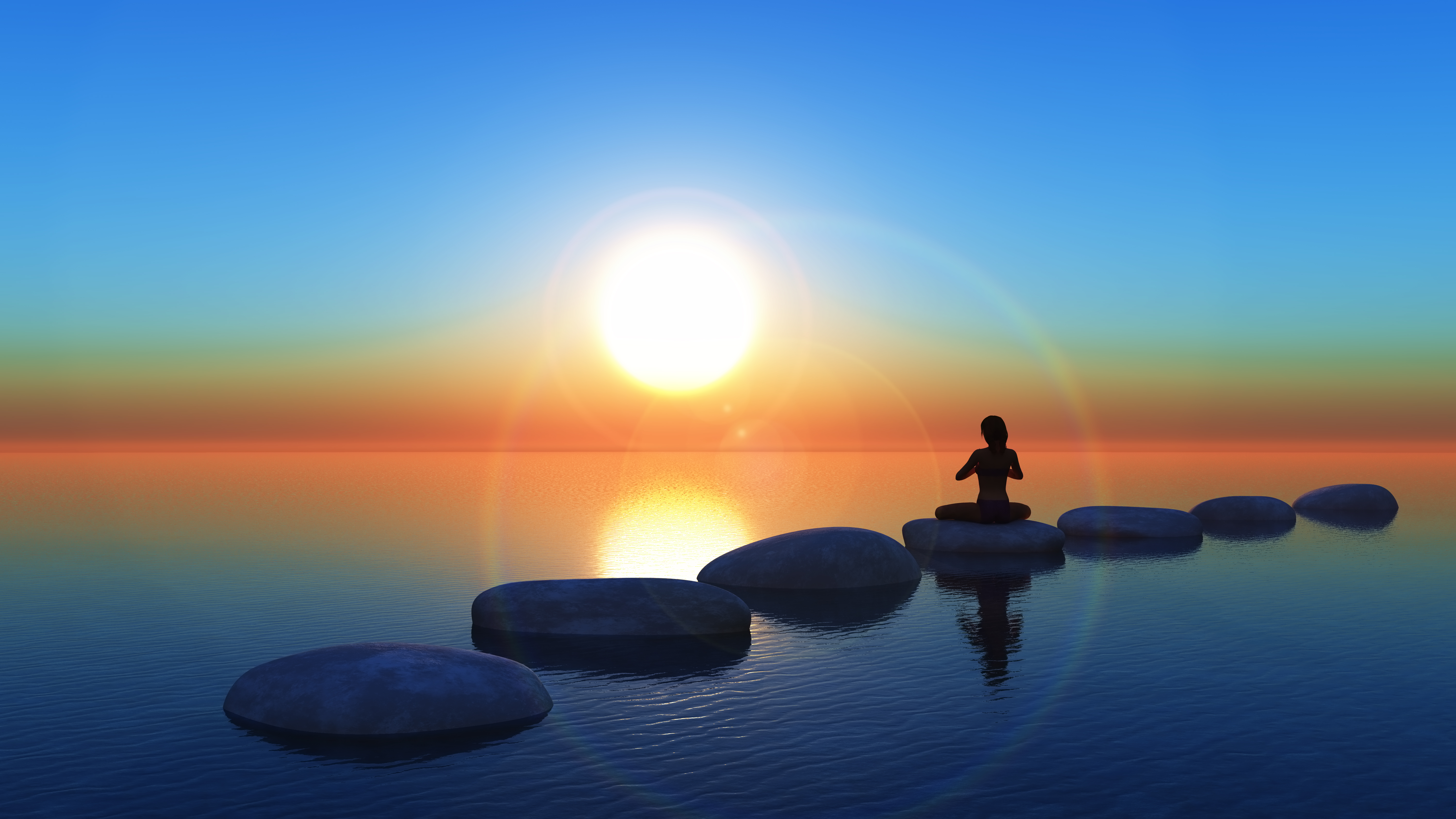 3D render of a female in a yoga pose on stepping stones in the ocean at sunset